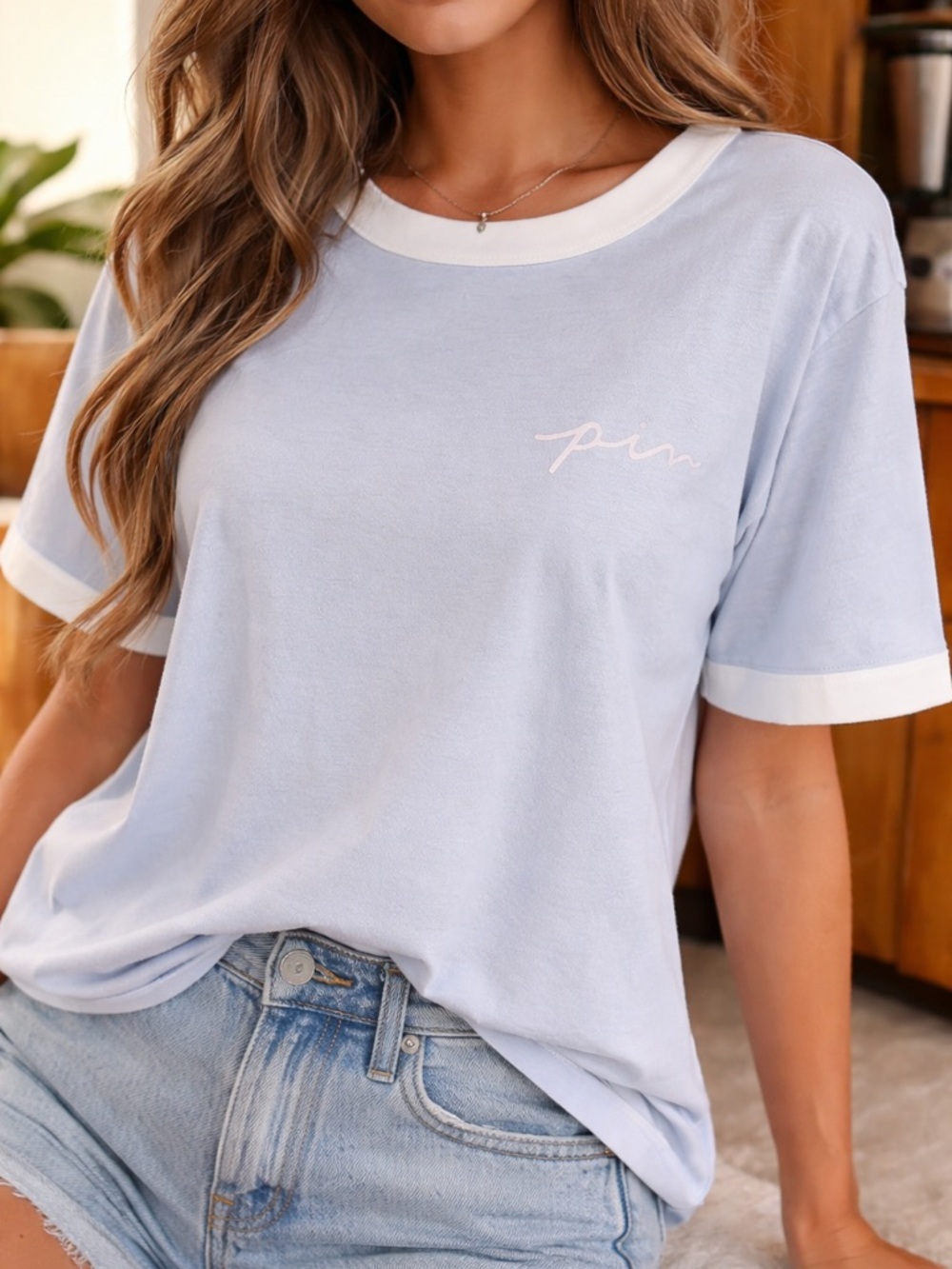 PINK Victoria's Secret Light Blue Ringer Tee with White Trim